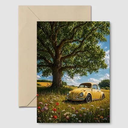 Yellow Volkswagen Beetle Wildflower Field Summer