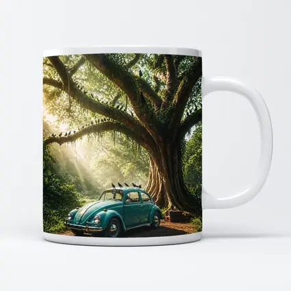 Teal Volkswagen Beetle Under Giant Forest Tree