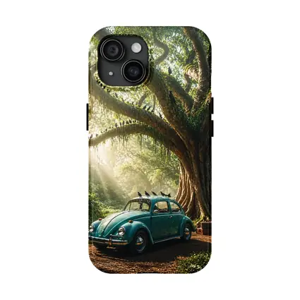 Teal Volkswagen Beetle Under Giant Forest Tree