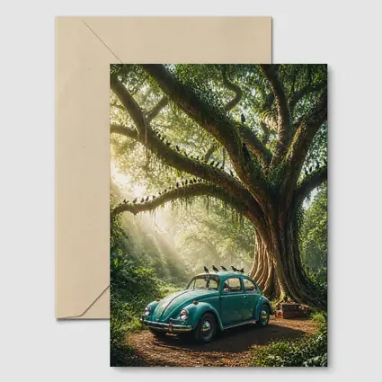 Teal Volkswagen Beetle Under Giant Forest Tree