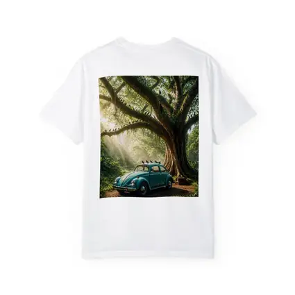Teal Volkswagen Beetle Under Giant Forest Tree