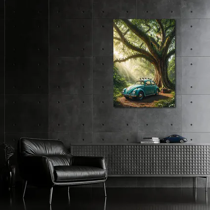 Teal Volkswagen Beetle Under Giant Forest Tree