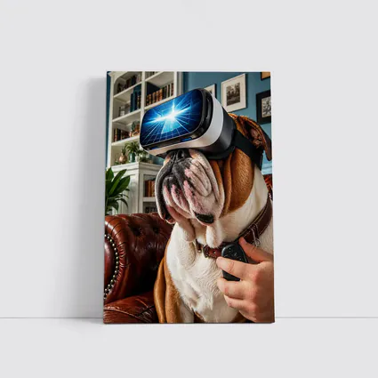 English Bulldog Wearing VR Headset Indoors