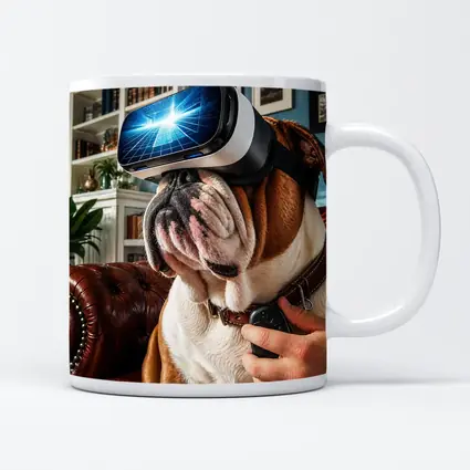 English Bulldog Wearing VR Headset Indoors
