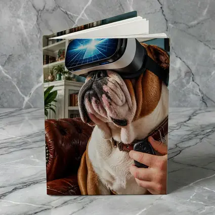 English Bulldog Wearing VR Headset Indoors