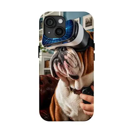English Bulldog Wearing VR Headset Indoors