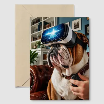 English Bulldog Wearing VR Headset Indoors