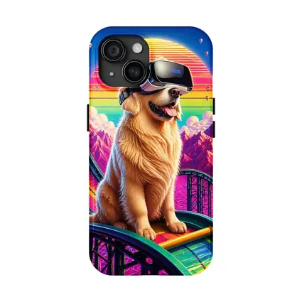 Golden Retriever VR Headset Retro Synthwave Sunset