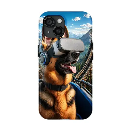 German Shepherd VR Headset Roller Coaster Mountains