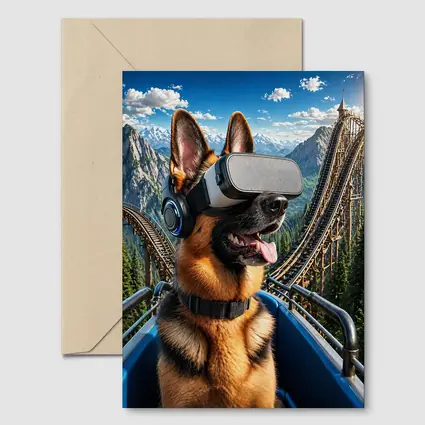 German Shepherd VR Headset Roller Coaster Mountains