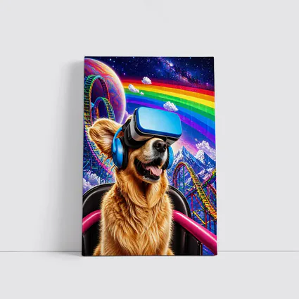 Golden Retriever VR Headset Rainbow Galaxy Background