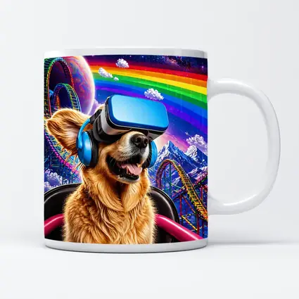 Golden Retriever VR Headset Rainbow Galaxy Background