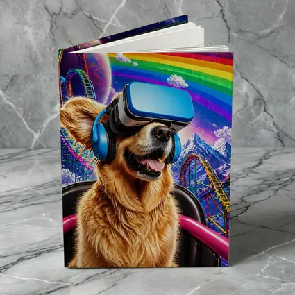 Golden Retriever VR Headset Rainbow Galaxy Background