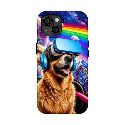 Golden Retriever VR Headset Rainbow Galaxy Background