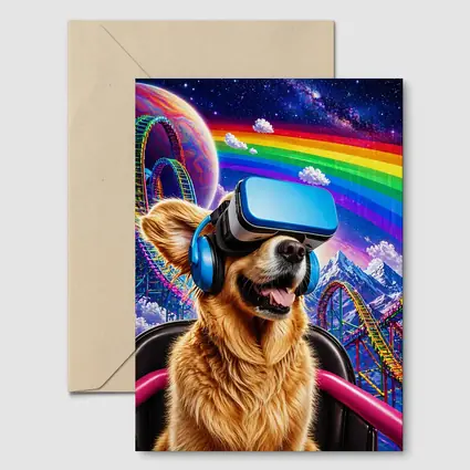 Golden Retriever VR Headset Rainbow Galaxy Background