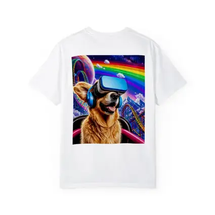 Golden Retriever VR Headset Rainbow Galaxy Background