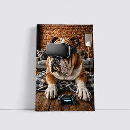 English Bulldog Gaming VR Headset Cozy Room