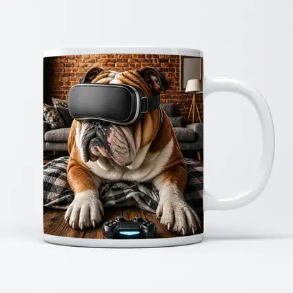 English Bulldog Gaming VR Headset Cozy Room