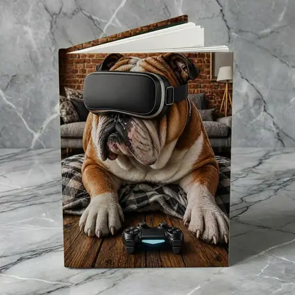 English Bulldog Gaming VR Headset Cozy Room