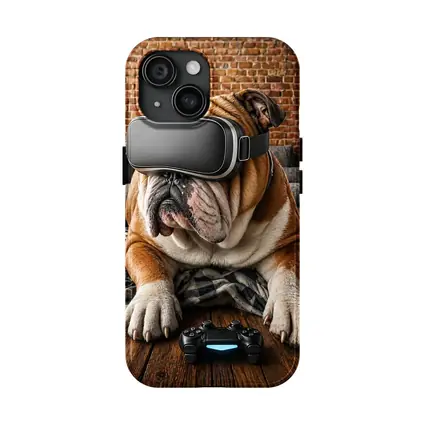 English Bulldog Gaming VR Headset Cozy Room