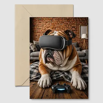 English Bulldog Gaming VR Headset Cozy Room