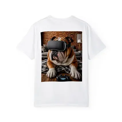 English Bulldog Gaming VR Headset Cozy Room