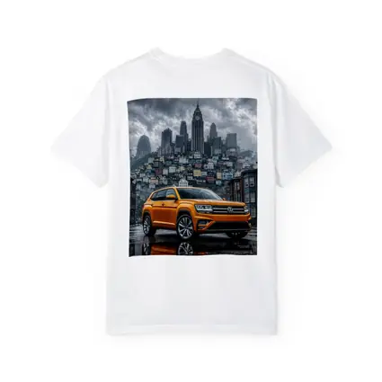 Volkswagen Atlas Orange SUV Rainy City Street