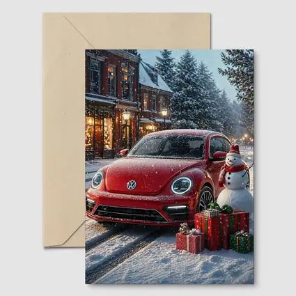 Volkswagen Beetle Red Christmas Snow Scene