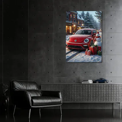 Volkswagen Beetle Red Christmas Snow Scene