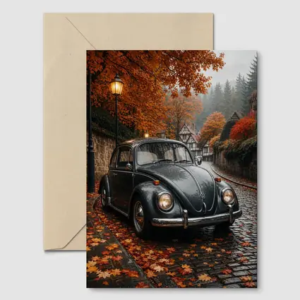 Volkswagen Beetle On Rainy Cobblestone Autumn Street