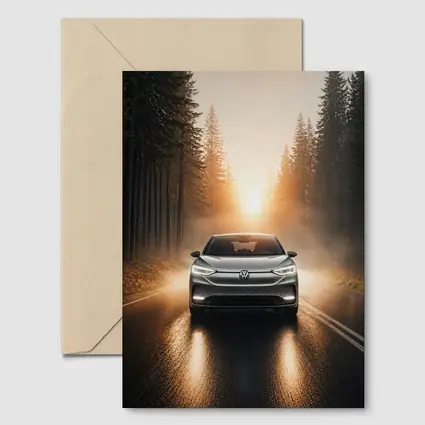 Volkswagen ID4 Silver On Foggy Forest Road
