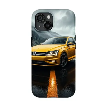 Volkswagen Passat Yellow Sedan Rainy Mountain Road