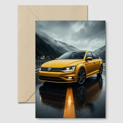 Volkswagen Passat Yellow Sedan Rainy Mountain Road