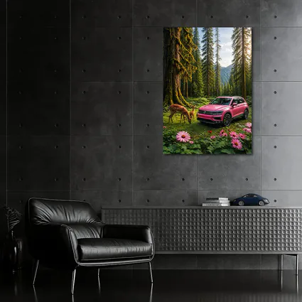 Pink Volkswagen Tiguan Forest Deer Scene