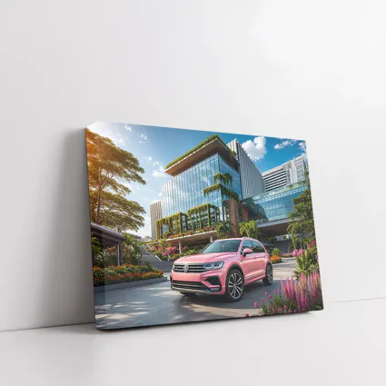 Pink Volkswagen Touareg SUV Modern Building