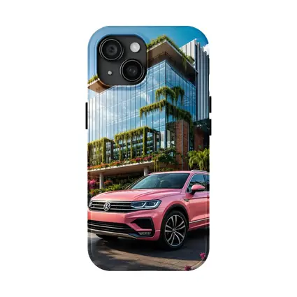 Pink Volkswagen Touareg SUV Modern Building