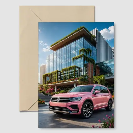 Pink Volkswagen Touareg SUV Modern Building