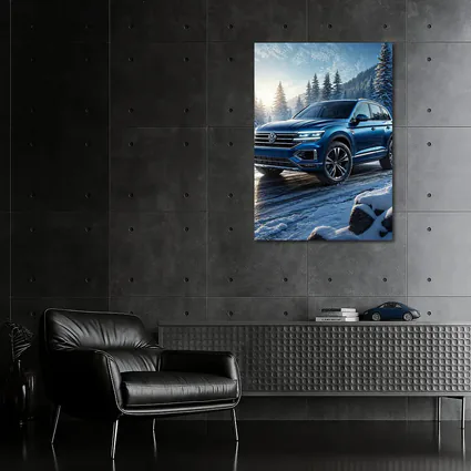 Volkswagen Touareg Blue SUV Snowy Forest