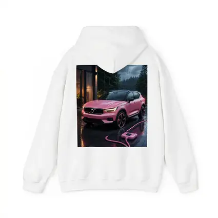 Pink Volvo XC40 Charging in Rainy Night