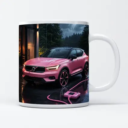 Pink Volvo XC40 Charging in Rainy Night