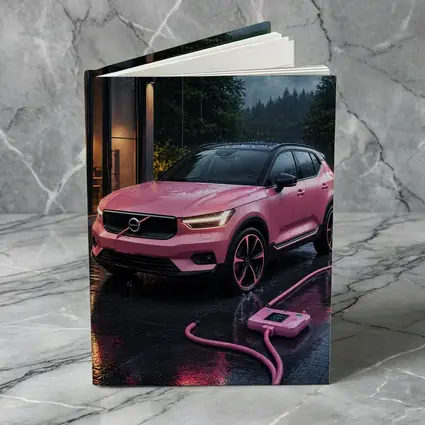 Pink Volvo XC40 Charging in Rainy Night