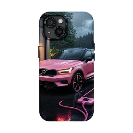 Pink Volvo XC40 Charging in Rainy Night