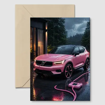 Pink Volvo XC40 Charging in Rainy Night