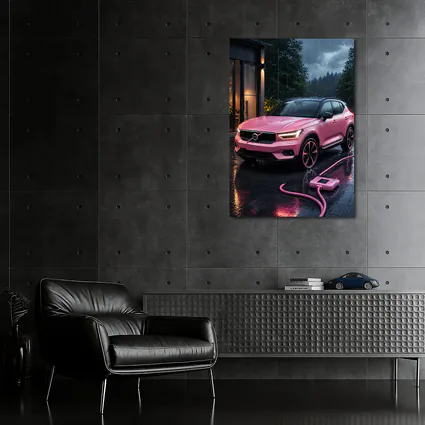 Pink Volvo XC40 Charging in Rainy Night
