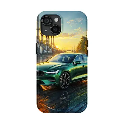 Volvo S60 Green Sedan Industrial Sunset Scene