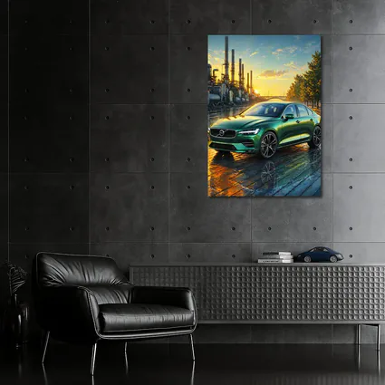 Volvo S60 Green Sedan Industrial Sunset Scene