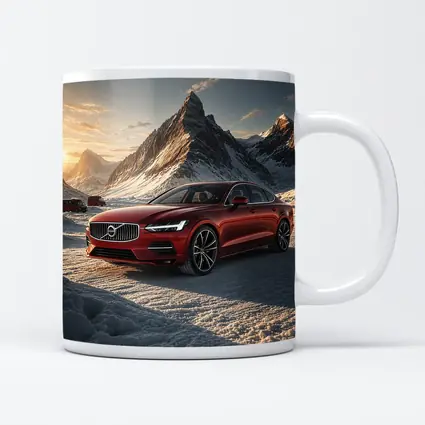Volvo S90 Red Sedan Snowy Mountain Sunset