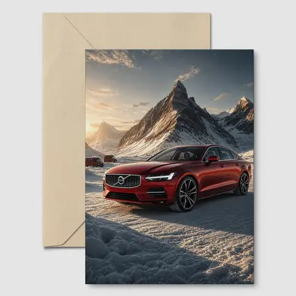 Volvo S90 Red Sedan Snowy Mountain Sunset