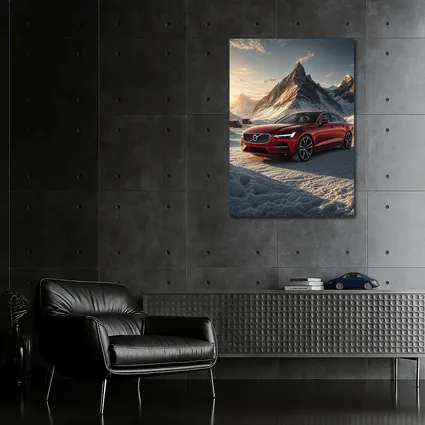 Volvo S90 Red Sedan Snowy Mountain Sunset