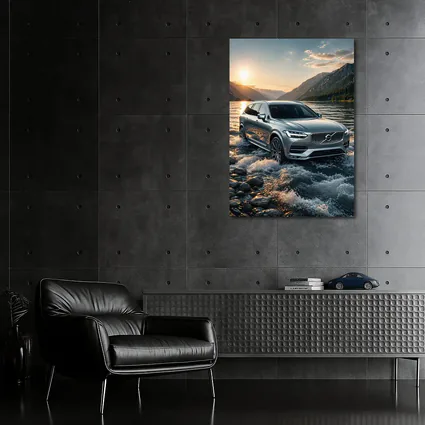 Volvo V90 Crossing River at Sunset